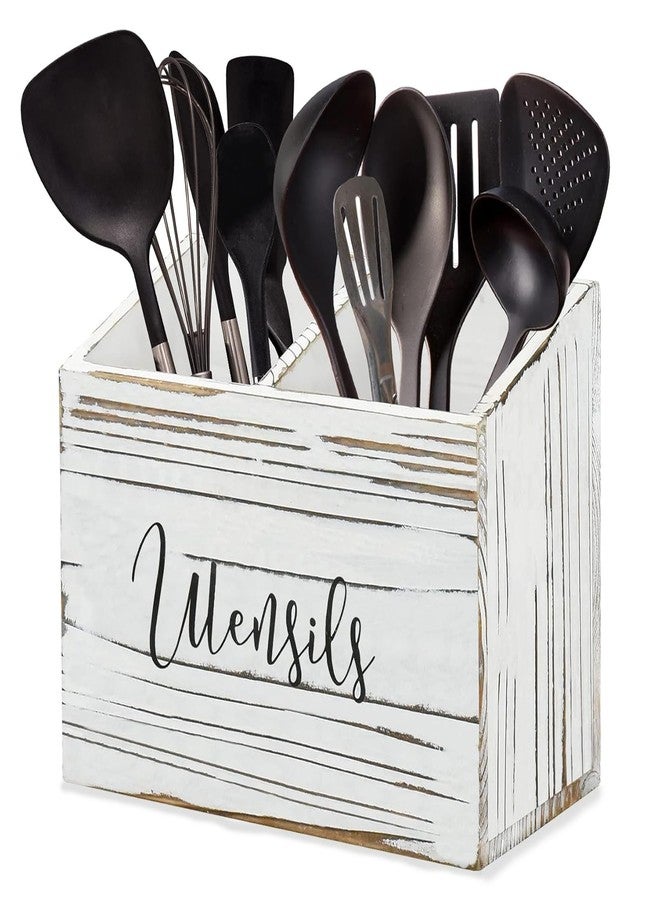 Pyzalar Utensil Holder with 2 Compartments, Utensil Caddy for Kitchen Counter, and Storage for Silverware Fork Spoon Spatula (White) - Image 1